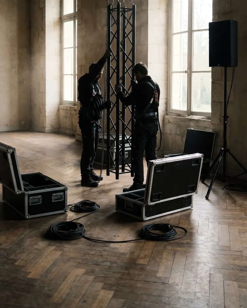 Deux techniciens montent une structure alu dans un salon de château