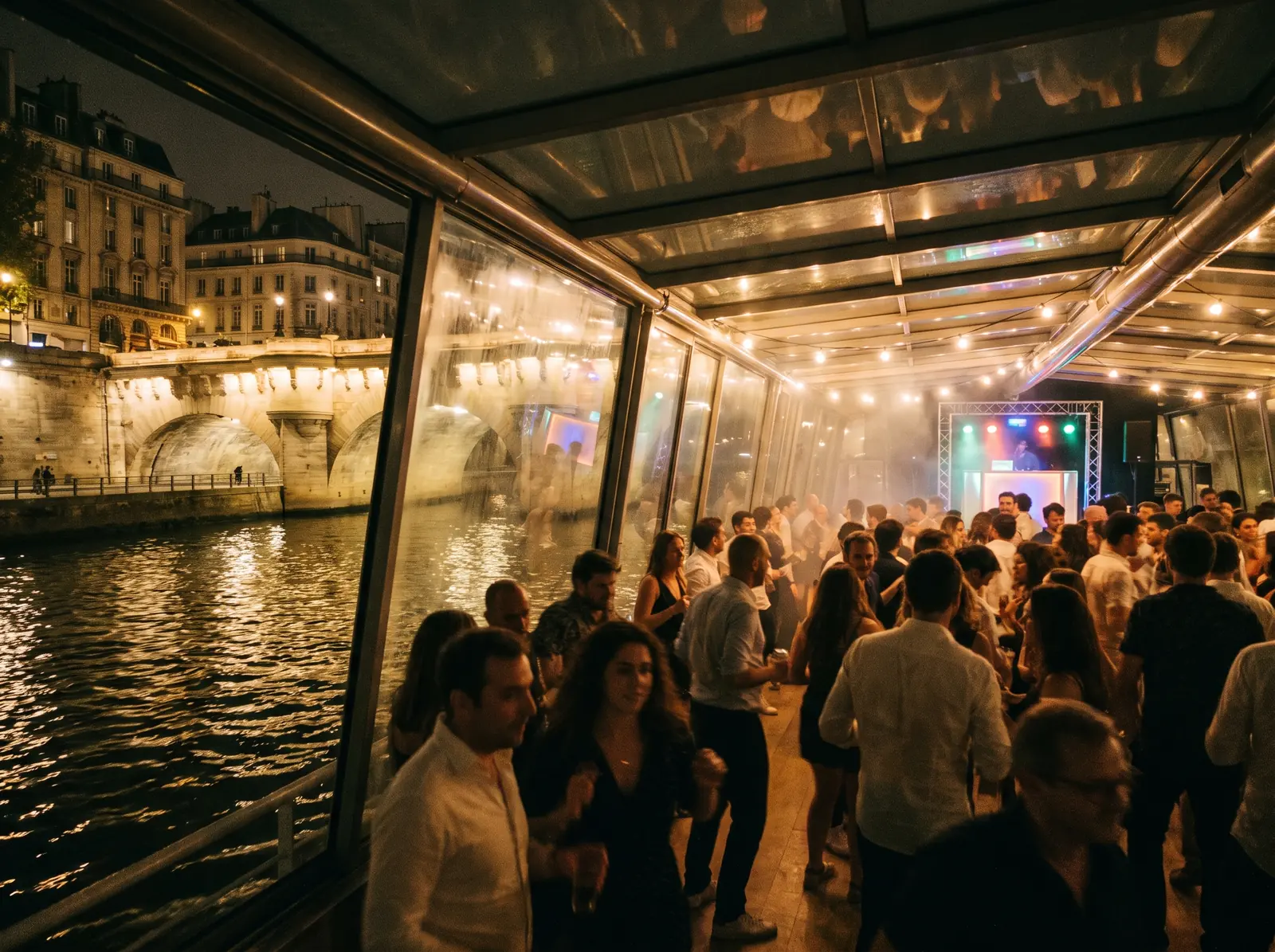 Invités qui dansent dans un bateau vitré sur la Seine, la nuit