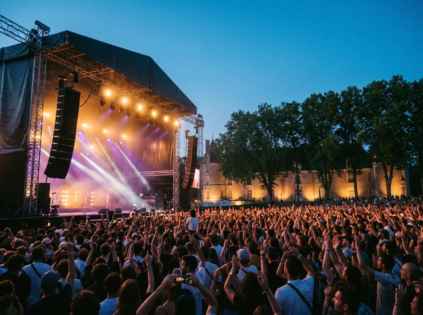 Scène de festival en plein air devant un château, foule au crépuscule