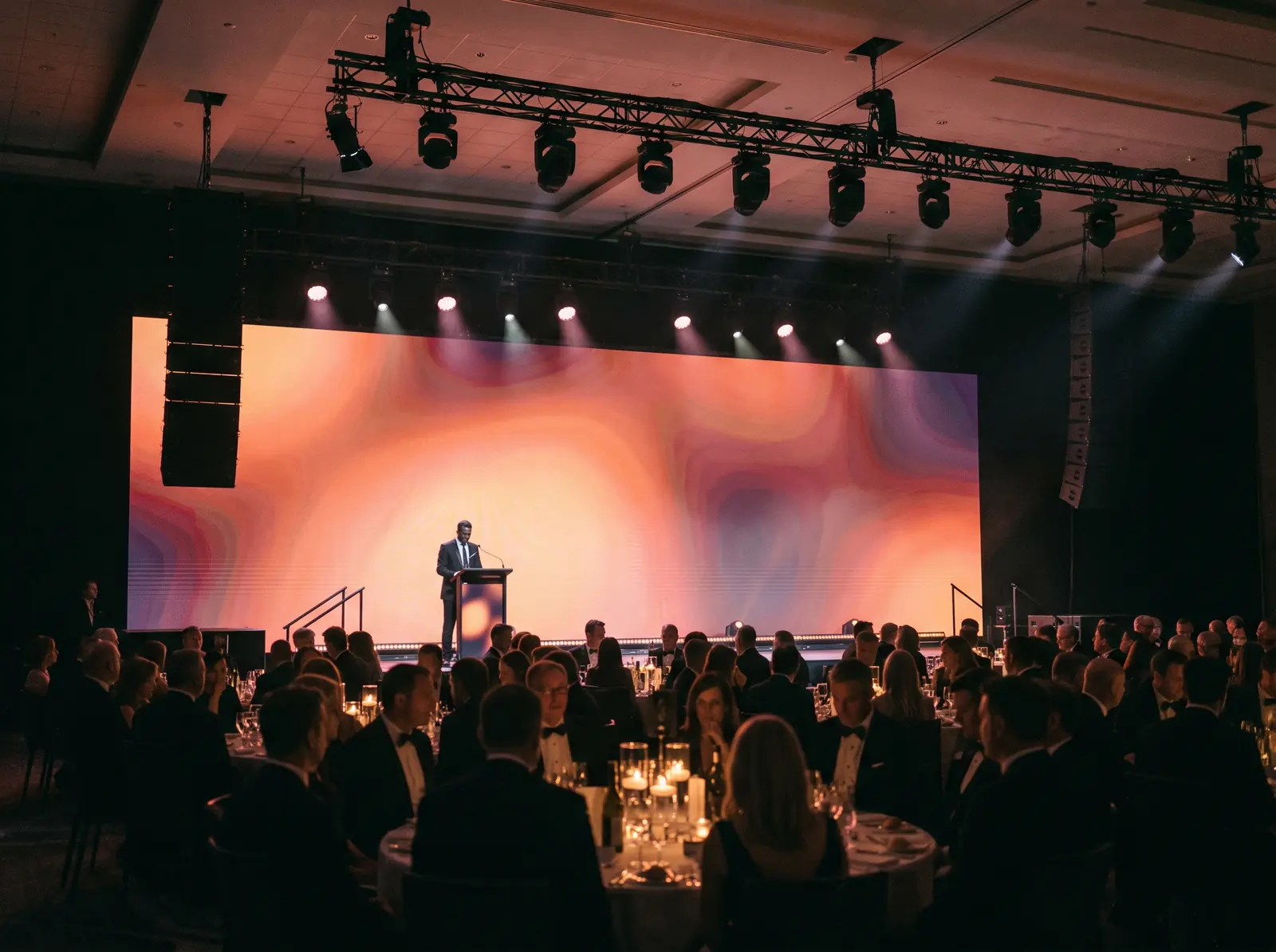 Orateur au pupitre devant un écran, salle de gala aux tables rondes