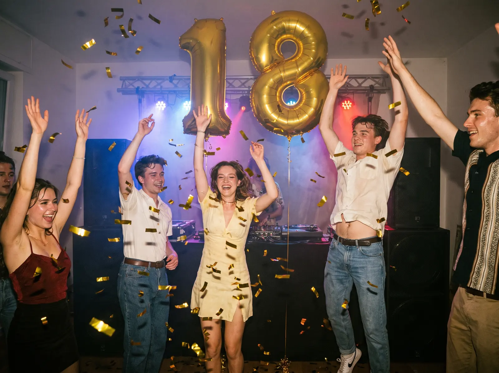 Jeunes qui sautent sous les confettis, ballons 18 dorés