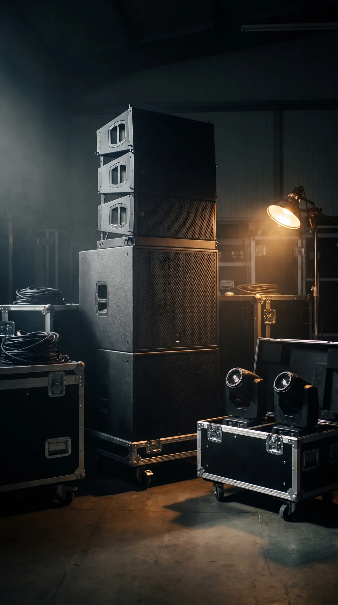 Enceintes, caissons et lyres sur leurs flight-cases, prêts à partir en location