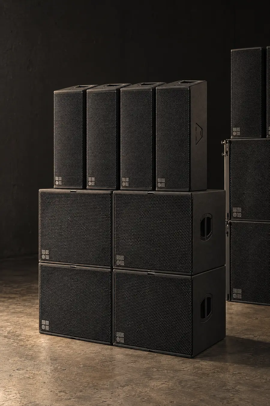 Quatre caissons B6-SUB et quatre enceintes Y10P d&b audiotechnik empilés au dépôt, V-GSUB et V10P à côté