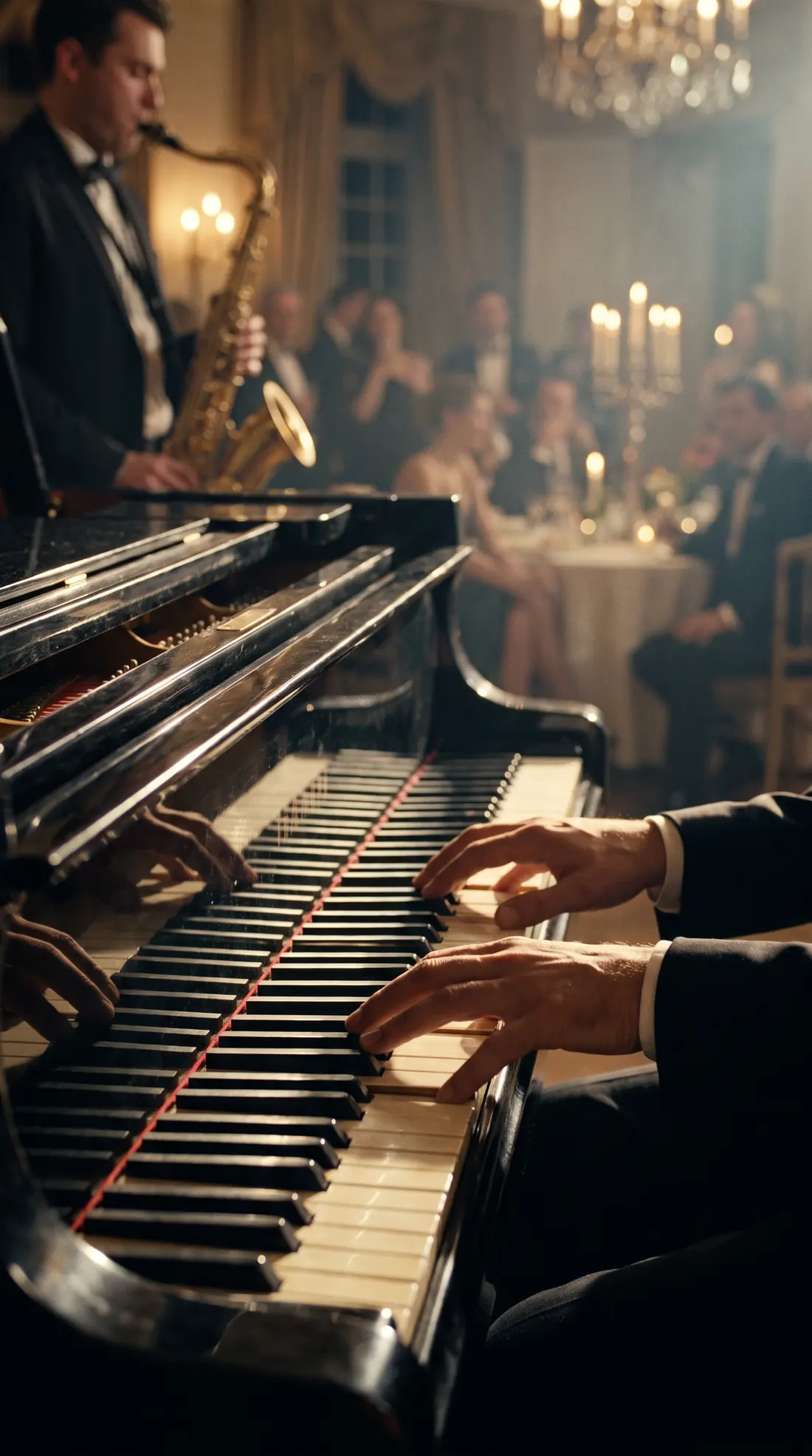 Mains d'un pianiste sur un piano à queue, saxophoniste et invités en arrière-plan